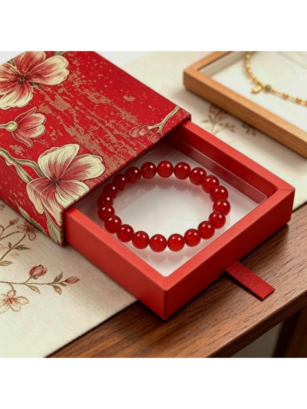 Natural Red Agate Beaded Bracelet for Women - Healing Gemstone Stretch Jewelry - Picture 4 of 7